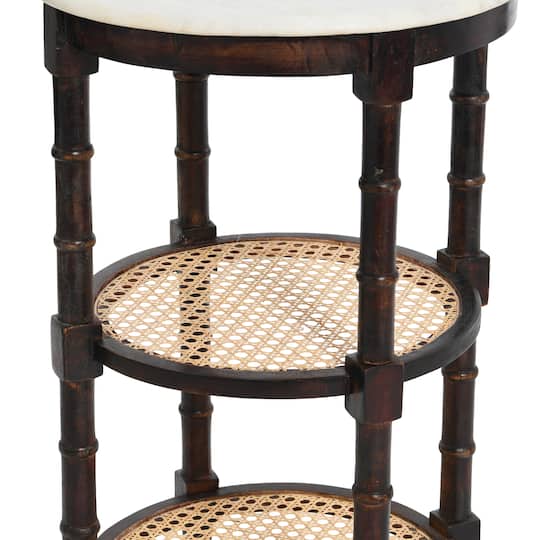 Round Solid Wood End Table with Genuine Marble Top and 2 Woven Cane Storage Shelves, Brown Stain and Natural